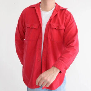 Vintage L.L. Beans Red Thick Cotton Fleece  Outdoor Button Up Shirt Size 15 1/2